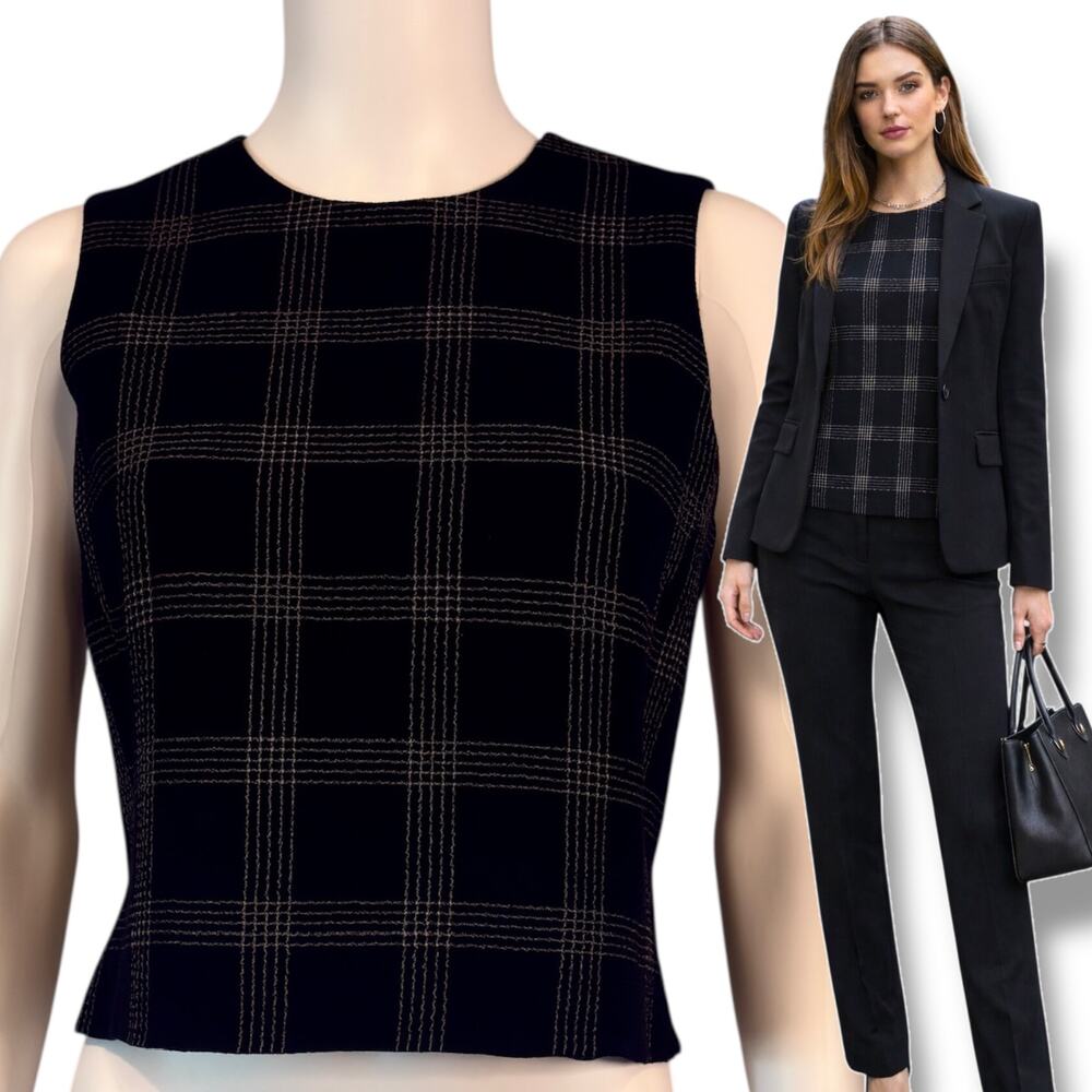 Emanuel Ungaro Plaid Sleeveless Crop Top Black Size 10/44 Vtg Y2K Wool Preppy